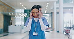 Woman, doctor and headache in time lapse, stress or anxiety from debt, overworked or tired at busy hospital. Frustrated female person, medical or healthcare nurse in mistake, migraine or clinic chaos