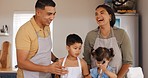 Family home, laughing and kitchen cooking with parent support, love and teaching children. Chef learning, dad and mother with funny joke and young kids together with food and baking for bonding