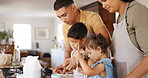 Kitchen, learning and parents baking with children on a table together to prepare cookies or biscuits recipe at home. Development, mother and father teaching or helping kids cooking in a house