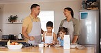 Happy, applause and a family baking together for breakfast, cake or learning in the kitchen. Success, talking and a father and mother teaching children about dinner cooking, help and food support