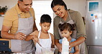 Family, baking and parents with kids in kitchen together learning to cook with flour or helping with dinner, lunch or meal. Teaching, cooking and food preparation to children with mom and dad in home