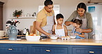 Family home, cooking and parents with kids in kitchen learning to cook with flour, eggs or helping with dinner or lunch. Teaching, baking or knowledge of food to children with mom or dad in house