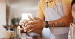 Hands, learning and father baking with kid in a kitchen together to prepare cookies or biscuits recipe at home. Development, baker and dad teaching or helping child cooking with flour in a house