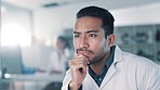 Computer, man or scientist thinking in laboratory for chemistry research report or scientific feedback. Medical analysis, online or science researcher reading to search for medicine development data