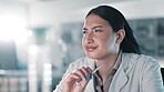 Computer, woman or scientist reading in laboratory for chemistry research report or scientific feedback. Medical analysis, thinking or researcher on search for online medicine development news