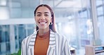 Happy, business woman and face in a office with pride and excited from company growth. Portrait, professional worker and entrepreneur at creative startup agency with employee and smile ready for work