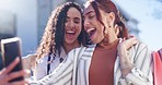 Happy woman, friends and shopping in city selfie, photography or outdoor buying together. Women smile for picture, social media or purchase with bags in friendship, memory or vlog in an urban town