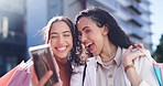 Happy woman, friends and shopping bag in city selfie, photography or outdoor buying together. Women smile for picture photo, social media post or purchase in friendship, memory or vlog in urban town