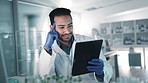 Tablet, man or scientist reading in laboratory for chemistry research report or scientific test feedback. Medical analysis, think or science researcher on search for online medicine development news