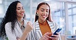 Smile, teamwork and women in office with phone, social media post, meme or chat with manager. Online report, planning on cellphone and internet, woman mentor with employee at startup office together.
