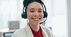 Call center, face and happy woman, consultant or agent in customer service, communication or ecommerce support. Portrait of business advisor or african person in headphones for company FAQ or sales