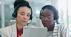 Woman, tablet and call center teamwork, training or telemarketing management, planning or sales solution. Manager, business people or consultant on digital technology support, questions or feedback