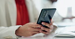 Woman, phone and hands typing on social media, communication or networking at office. Closeup of female person or employee texting or chatting on mobile smartphone app in online browsing at workplace