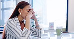 Stress, headache and woman in office at computer with anxiety for 404 error, glitch mistake or crisis. Frustrated, fatigue and tired female worker at desktop with pain, burnout and risk of bankruptcy
