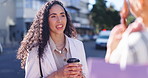 Talking, morning and friends with coffee in the city for bonding, conversation or weekend. Happy, young and a woman speaking to a person with a tea drink in the urban street for communication