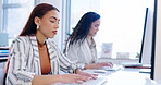 Computer, teamwork and business women typing in a news agency writing an article to publish online, internet or web. Together, collaboration and journalist team working on research information