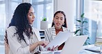 Advice, teamwork and women in office with documents for b2b deal or proposal with manager. Contract report, planning and helping, woman mentor with employee at startup agency together with paperwork.