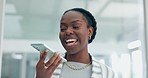 Happy black woman, phone and talking on speaker for communication or conversation at office. African female person speaking on mobile smartphone app, recording or voice note discussion at workplace