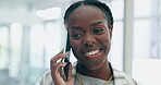 Happy black woman, phone call and talking in conversation for communication at the office. Face of excited African female person speaking on mobile smartphone business discussion at the workplace