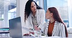 Coworking, advice and women with document for report, laptop and discussion on project or proposal with manager. Paperwork, planning and brainstorming, woman mentor with employee at startup office.