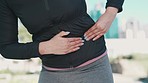 Stomach, pain and fitness of woman hands with abdomen cramp and muscle injury outdoor. Exercise, training and health issue from running of a female person massage for wellness and bruise problem