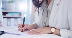 Hands, contract and business woman sign an agreement for a partnership, loan or insurance paperwork in an office. Signature, legal and employee writing on a professional work policy document