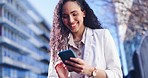 Happy woman, phone and laughing in city for social media, communication or outdoor networking. Female person smile for online browsing, chatting or texting on mobile smartphone app in an urban town