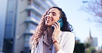 Happy woman, phone call and walking in city for communication, conversation or outdoor networking. Female person smile and talking on mobile smartphone for fun or friendly discussion in an urban town