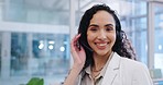 Telemarketing, business woman and face in a office with crm and excited from consultation. Portrait, professional worker and call center employee for customer service, support and advice at startup 