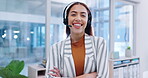 Face, woman and smile in call center for customer service, advisory questions and consulting with arms crossed. Portrait of happy sales consultant with microphone for telecom support, FAQ or CRM help