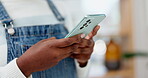 Woman, hands and typing on smartphone in home, reading social media post and website subscription. Closeup, person and chat on phone for contact, download mobile games and search network for tech app