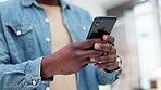 Man, hands and typing with phone in home, reading social media notification or online chat subscription. Closeup of person texting on cellphone, download mobile games or search digital network on app