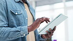 Hands, man and scroll on tablet in home to watch movies, streaming internet show or download app. Closeup of guy, digital technology and social media connection for ebook, web blog or online shopping