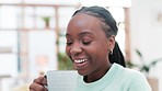 Black woman, coffee and drinking with smile in home for break, relaxing weekend and freedom to rest. Happy african person enjoying mug of hot tea, warm cappuccino and espresso caffeine in apartment 