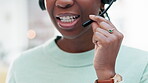 Mouth of woman, telemarketing and consulting in call center for customer service, advisory help and CRM questions. Closeup face of agent, microphone and chat for telecom support, FAQ and contact us 