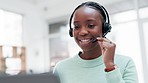 Woman, virtual assistant and communication on laptop in home office for IT consulting, telemarketing or sales advisory. African agent, computer and microphone for customer support, CRM or remote work