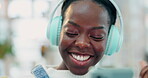 Phone, music and happy face of black woman dance, listening streaming sound track, radio network or mobile audio. Cellphone, energy or African person search online for podcast, playlist or mp3 song