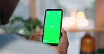 Person, smartphone screen and green mockup for social network, online user and reading multimedia website from the back. Closeup, space and advertising mobile app with tracking markers for download 