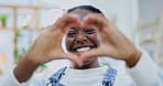 Face, heart and hands of woman in home for care, kindness and smile for charity donation. Portrait of happy african person laughing with finger, sign and icon of love, thank you and emoji of support 