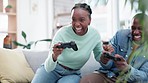 African couple, game controller and sofa with contest, playing and push with comic laugh, home and esports. Black woman, man and online gaming, virtual user experience and competition on lounge couch