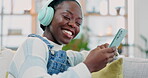 Cellphone, music and happy black woman dance, listen and streaming audio sound, radio or watch video. Phone, energy and African person search online for subscription podcast, playlist or song at home