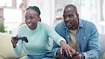 African couple, video game controller and sofa with contest, playing and push with comic laugh, home and esports. Black woman, man and online gaming, virtual user experience and competition in lounge