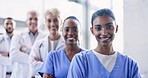 Face of doctors, team and smile for medical services, staff support or trust of hospital consulting. Portrait of indian woman, clinic nurses or diversity group of surgeons in healthcare collaboration