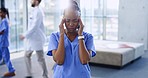 Headache, nurse and black woman with stress in busy hospital for burnout, overworked and fatigue. Healthcare, medical clinic and female health worker with injury, strain and migraine for anxiety