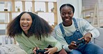 Lesbian women, gaming and controller on sofa with contest, playing and push with comic laugh, home and esports. African girl, comic laughing or virtual user experience for competition on lounge couch