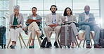 Airport waiting room, check and business people reading schedule booking, flight journey agenda and refugee lobby. Airplane, luggage and row of professional group analysis of transportation departure