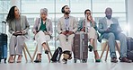 Airport, waiting room and business women leave for schedule booking, plane flight and air travel. Airplane, hotel luggage and corporate people get up for appointment call, departure and immigration