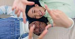 Women together, floor and top view selfie for frame, peace sign or funny for post, comic memory or blog in home. Lesbian partner, photography and a couple of friends, profile picture and social media