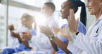 Happy, wow or doctors clapping for success, good job or results target in hospital meeting or workshop. Applause, congratulations or excited group of nurses smiling for medical goals, news or support