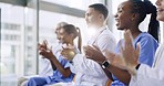 Applause, presentation or doctors excited by success, good job or results target in hospital meeting or workshop. Clapping, wow or group of happy nurses smiling for medical goals, news or support